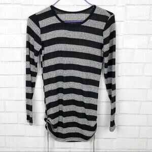 Body Wrappers Black Gray‎ Striped Rib Knit Ruched Side Fitted Shirt Top Size XS